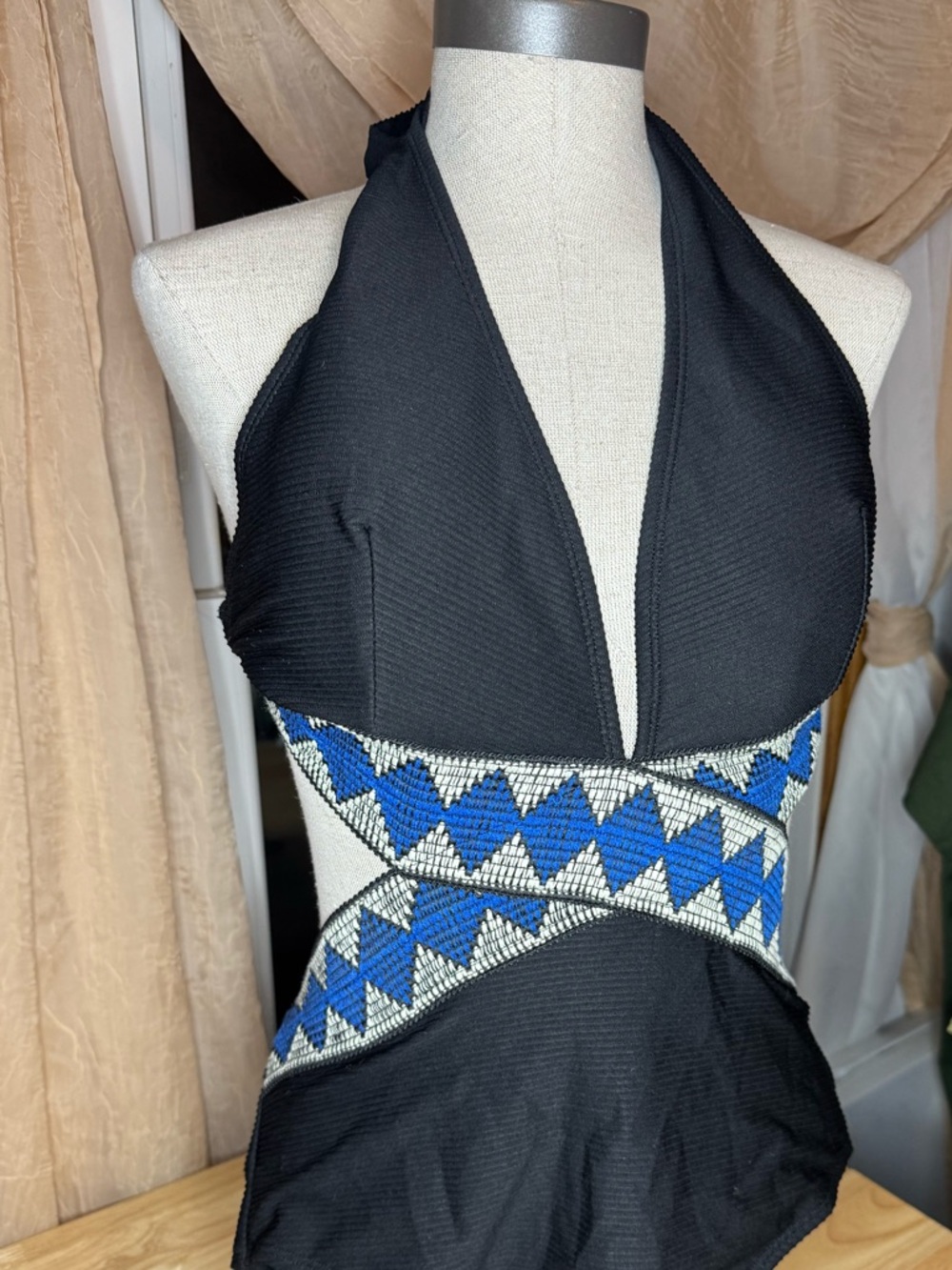 Black Halter One-Piece Swimsuit with Blue Waist Cut Out Detail CupShe Large NWT